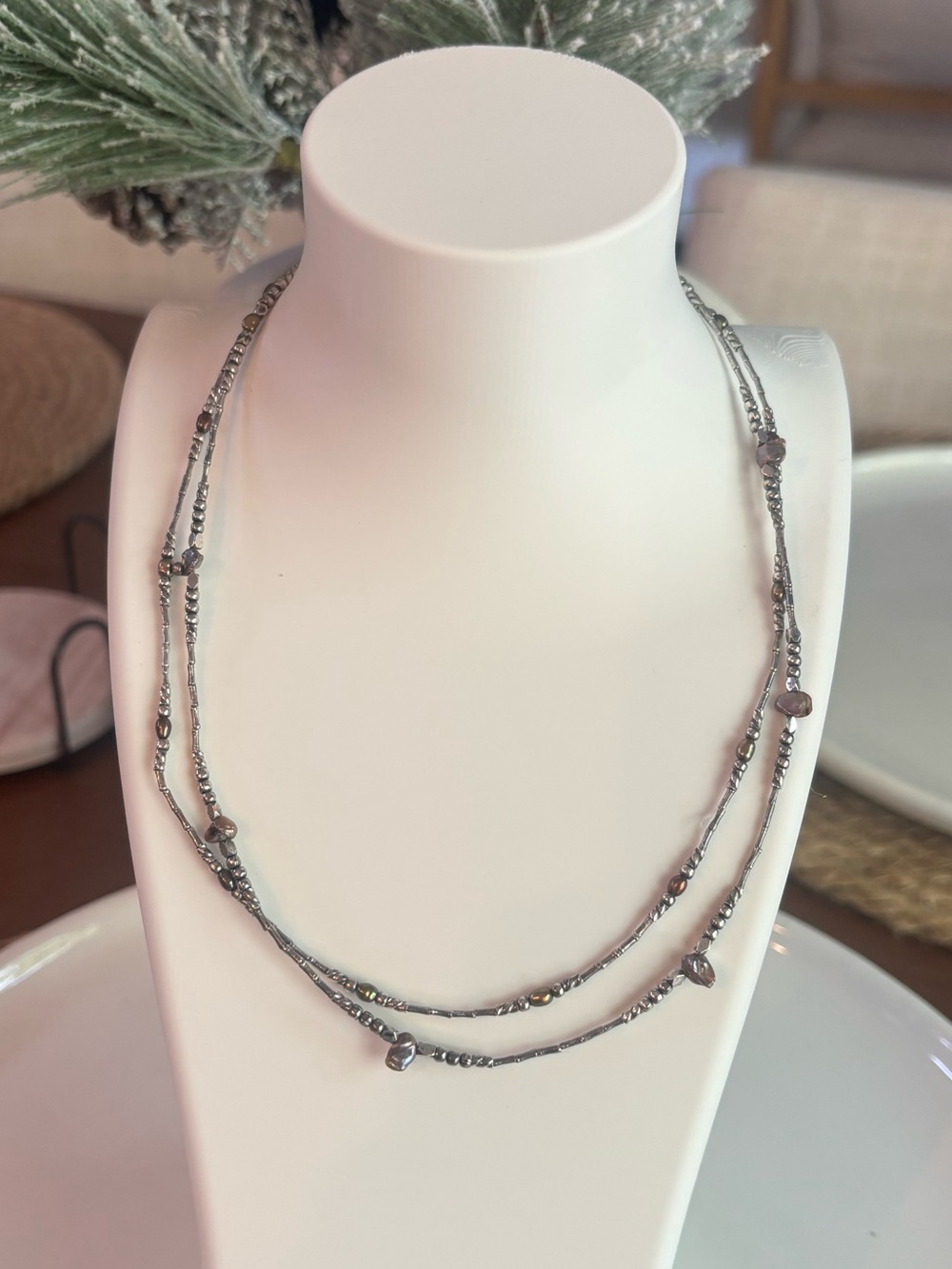 925 Sterling Silver Multi Strand Beaded Necklace 15.5" Layered Choker Lobster